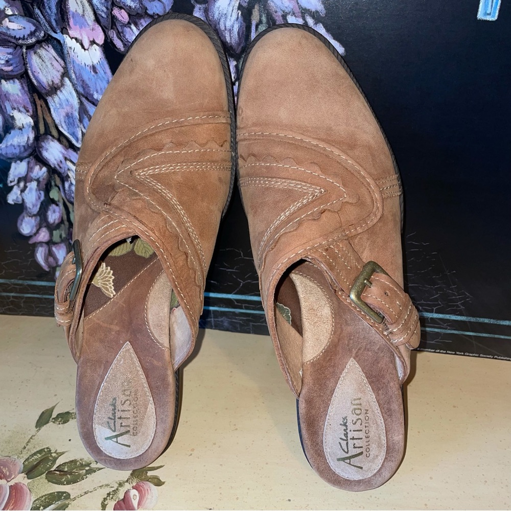 Clarks Artisan Tan Western Boho Leather Suede Side Buckle Slip On Mules Shoes